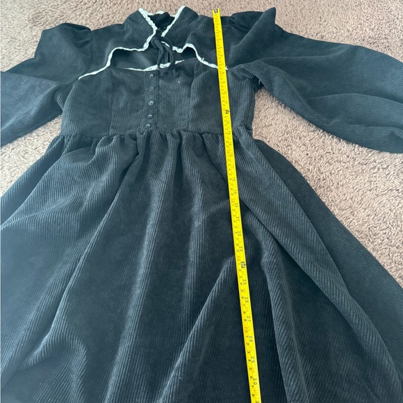 2 FOR $25 SHEIN Mod Corduroy Black Mini Dress Fit Flare Tie Neck Puff Sleeve M - Picture 6 of 9